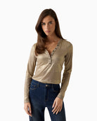 Guess metallic knit top gold front view woman wearing – Áines Boutique