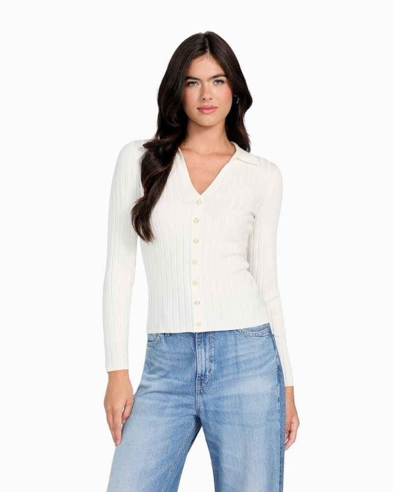 Off-white ribbed knit sweater top by GUESS with v-neck and fold-over collar
