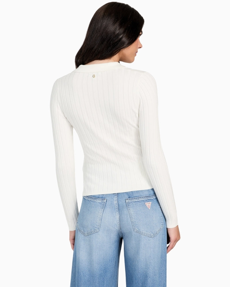 Back of Eco-friendly viscose blend sweater top with long sleeves and stretch