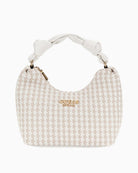 Guess Mirema mini hobo bag in white woven faux leather with knot handle
