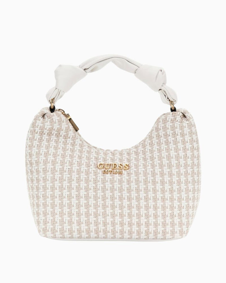 Guess Mirema mini hobo bag in white woven faux leather with knot handle