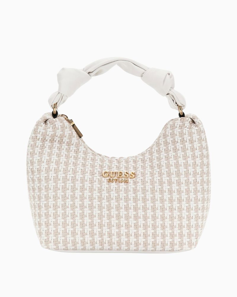 Guess Mirema mini hobo bag in white woven faux leather with knot handle