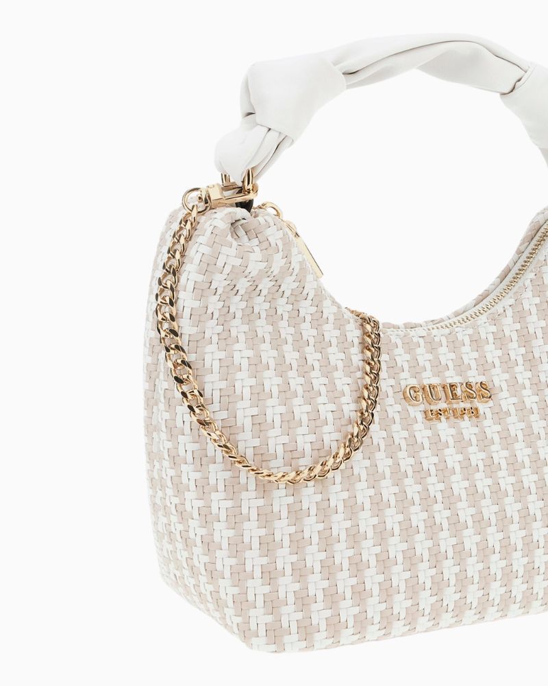 Detachable gold chain strap and close-up of woven texture