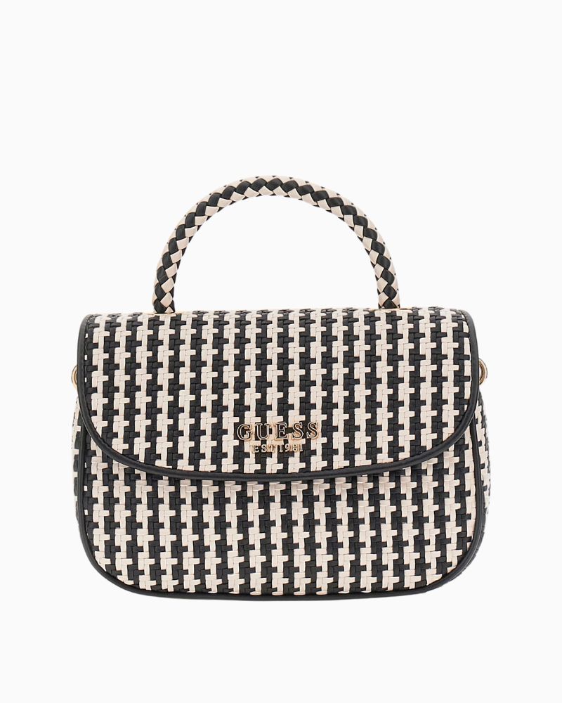 Guess Mirema black woven mini handbag with flap and gold logo detail