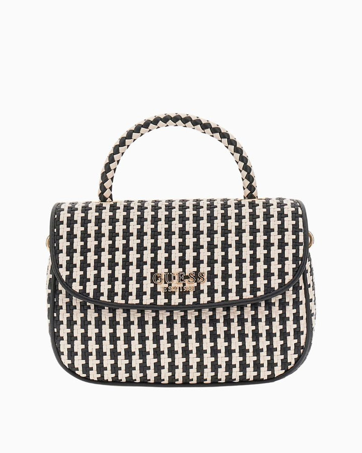 Guess Mirema black woven mini handbag with flap and gold logo detail