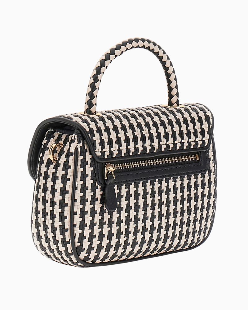 Adjustable strap and flap closure with woven faux leather texture