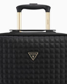 Close-up of logo detail on black Nadira travel luggage