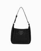 Black quilted hobo bag by Guess with gold logo and soft silhouette