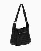 Side view of compact faux leather Guess bag with adjustable strap