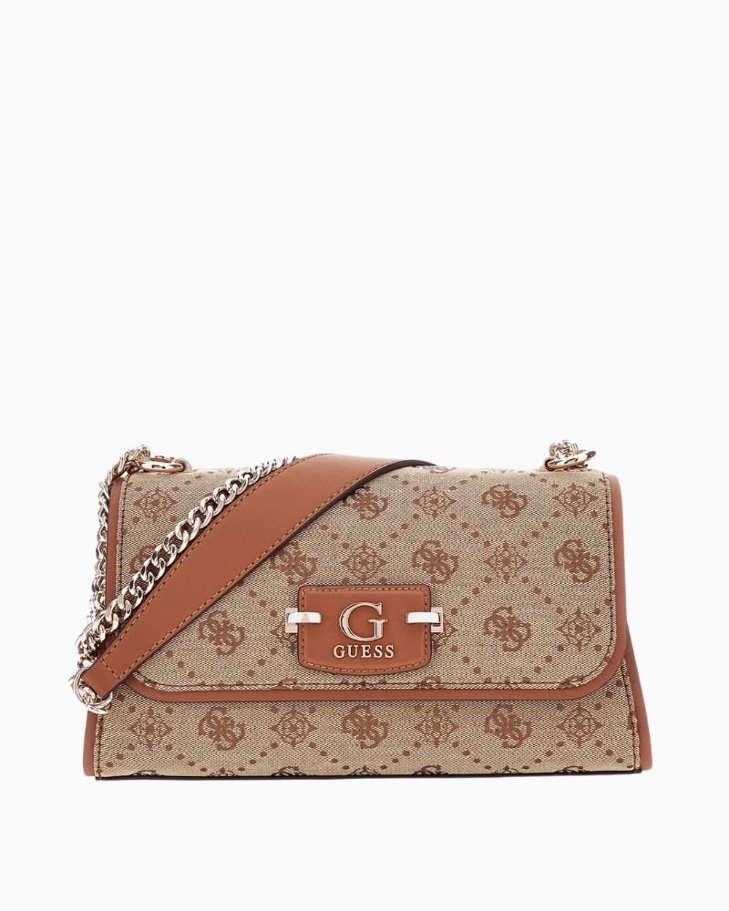 Guess Neda crossbody bag in beige with 4G peony logo print and flap closure