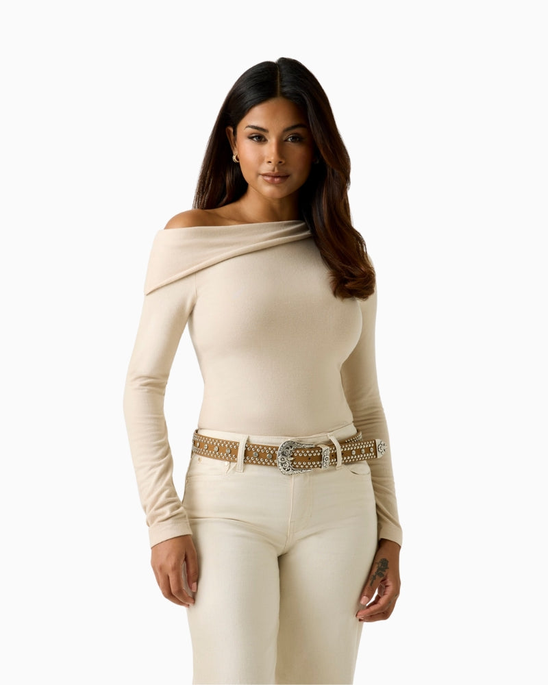 Guess one shoulder knit top beige front view woman wearing – Áines Boutique