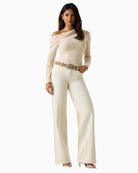 Guess one shoulder knit top beige front view woman wearing – Áines Boutique