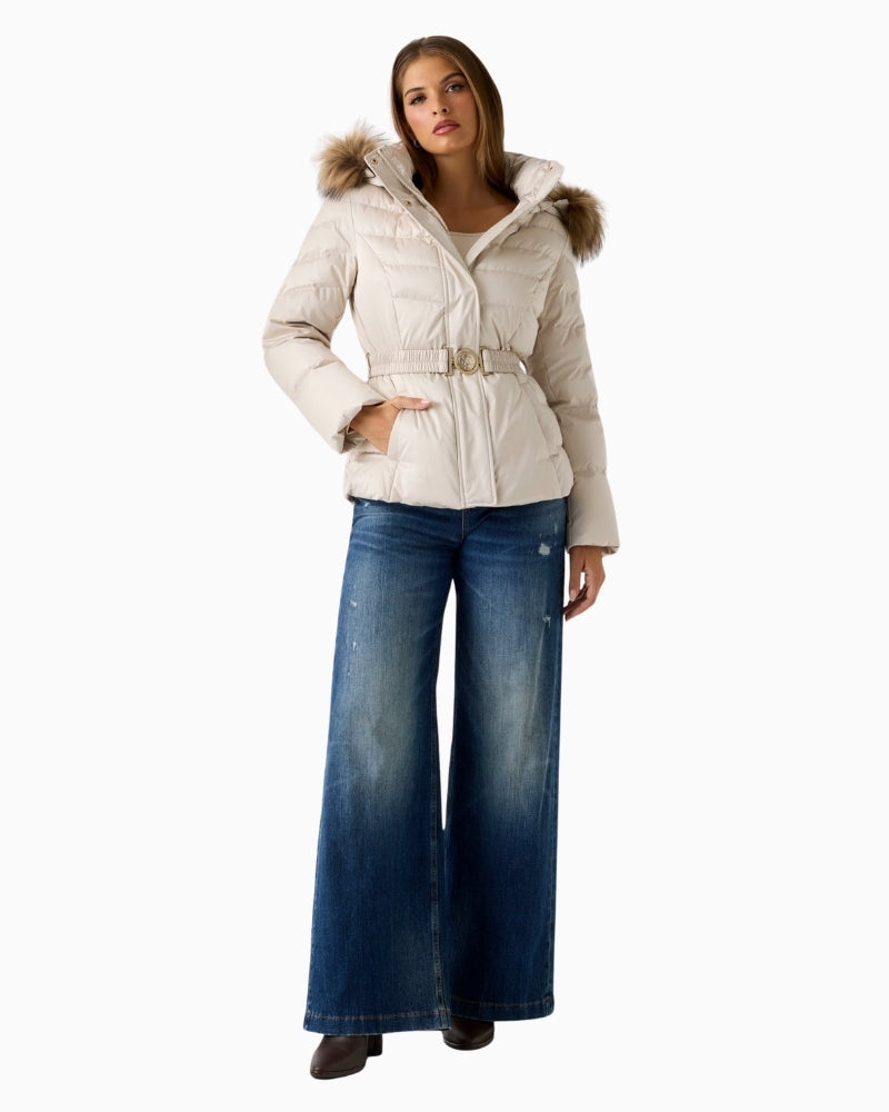 Beige short down puffer jacket with hood and faux‑fur trim Guess