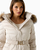 Belted waist detail and hidden zipper on beige puffer coat