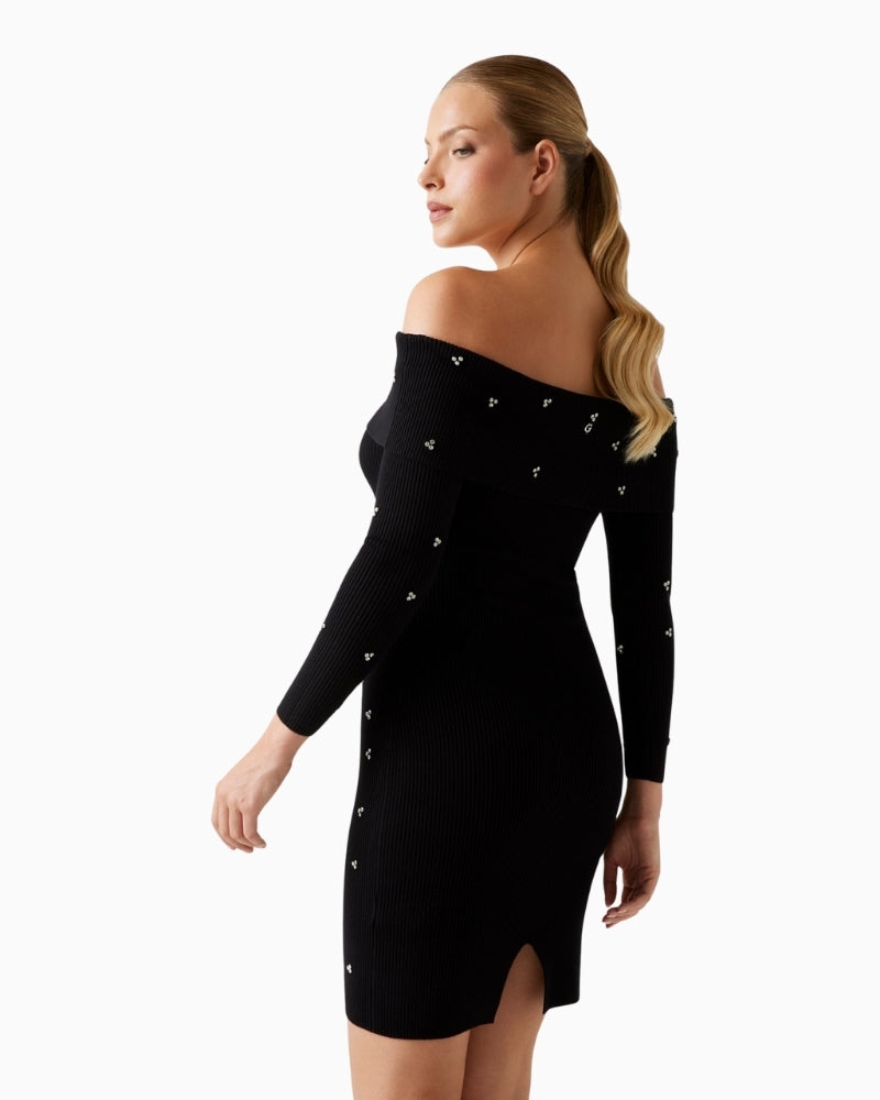 Back view of Guess rhinestone dress in ribbed knit with long sleeves