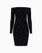 Back view of Guess rhinestone dress in ribbed knit with long sleeves