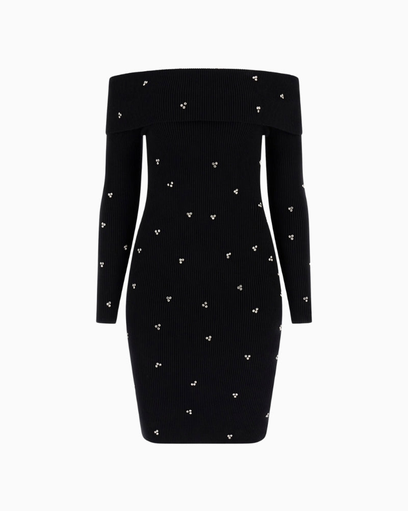 Back view of Guess rhinestone dress in ribbed knit with long sleeves