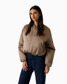 Guess satin bomber jacket brown front view – Áines Boutique