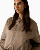 Guess satin bomber jacket brown close up view – Áines Boutique
