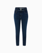 Front view of high-waisted skinny jeans by Guess with wide waistband