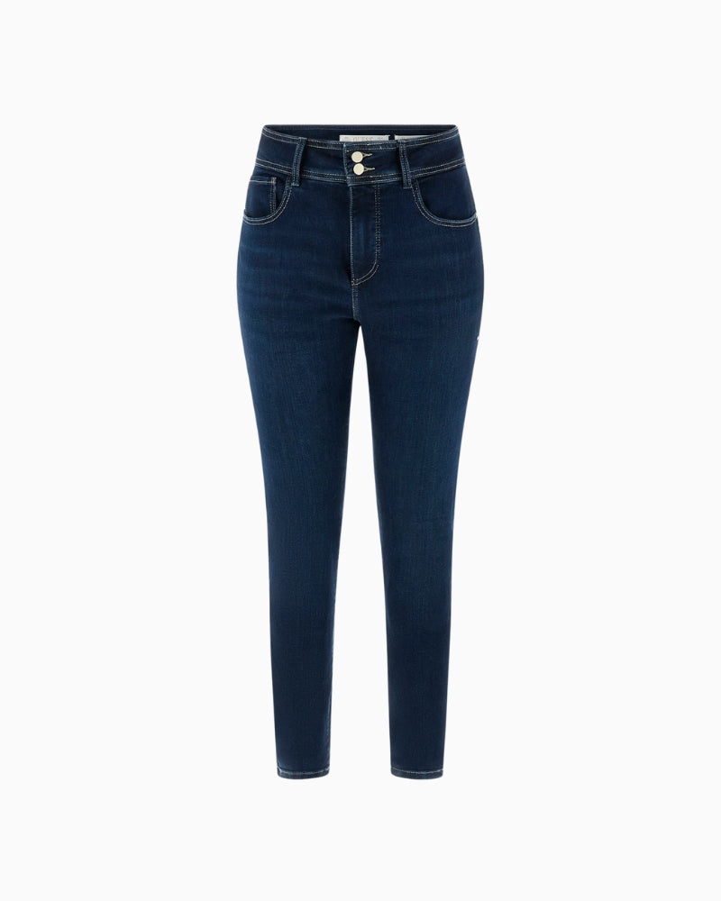 Front view of high-waisted skinny jeans by Guess with wide waistband