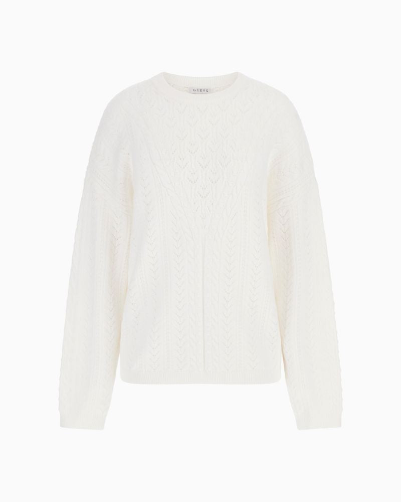 Guess Sylvie white pointelle sweater with crew neck and long sleeves