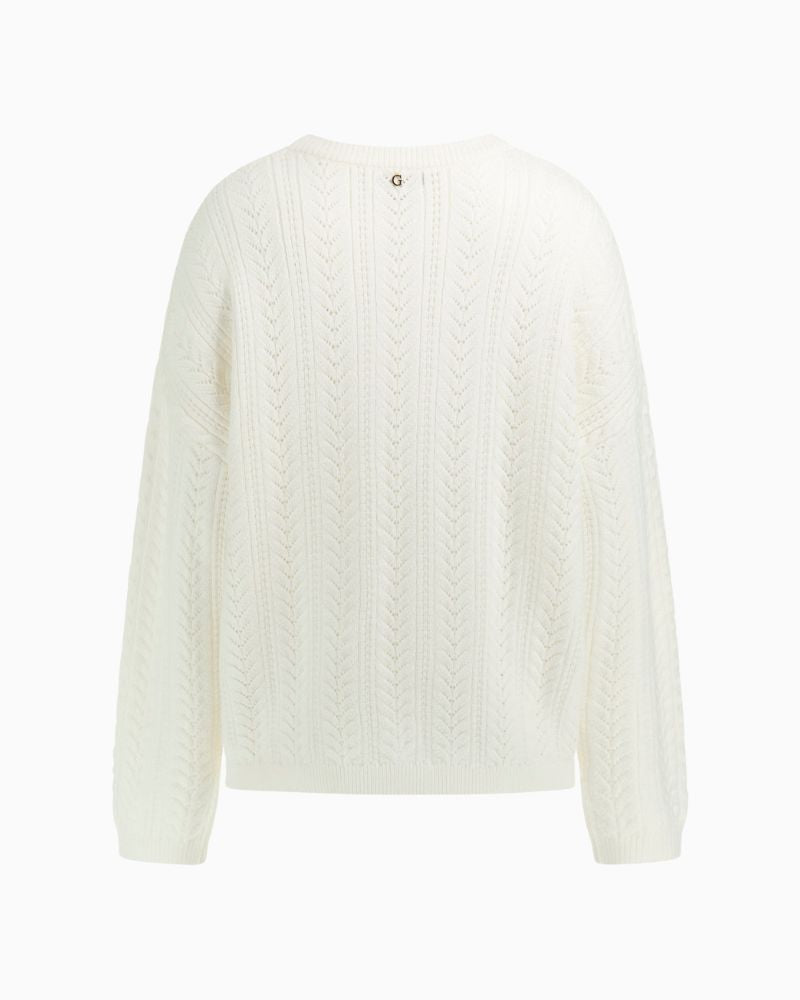 Back of fine pointelle knit detail on Sylvie sweater by Guess