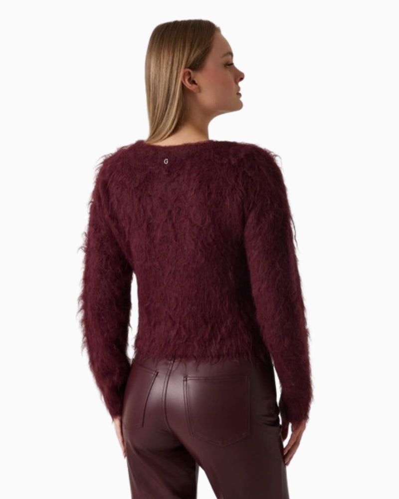 Back GUESS Tomiko cardigan with bow buttons and v-neck in soft alpaca-blend knitf 