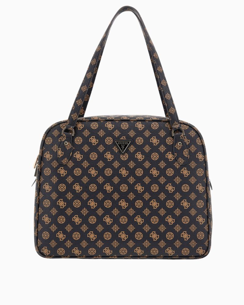 Guess Wilder tote in brown 4G peony logo print with triangle logo and gold zip