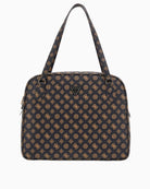 Guess Wilder tote in brown 4G peony logo print with triangle logo and gold zip
