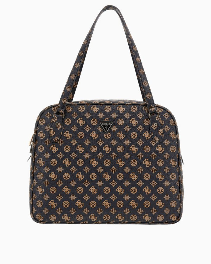 Guess Wilder tote in brown 4G peony logo print with triangle logo and gold zip