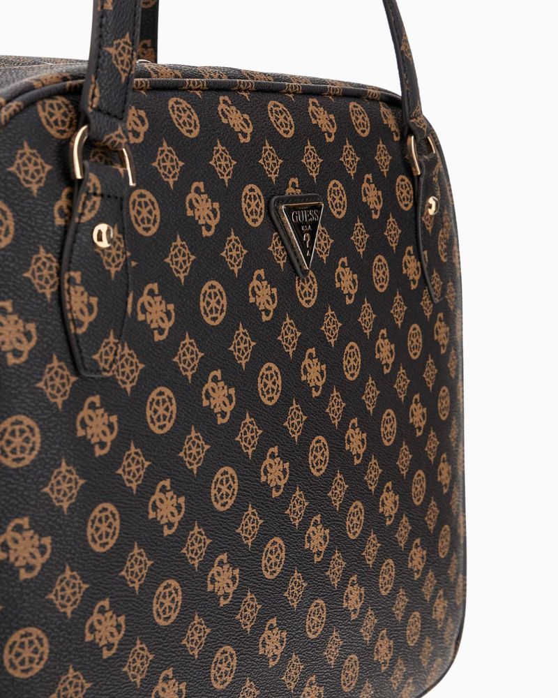 Close-up of faux leather texture and Guess gold hardware detailing