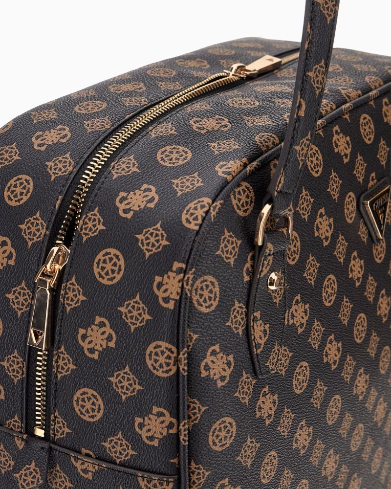 Close-up of faux leather texture and Guess gold hardware detailing