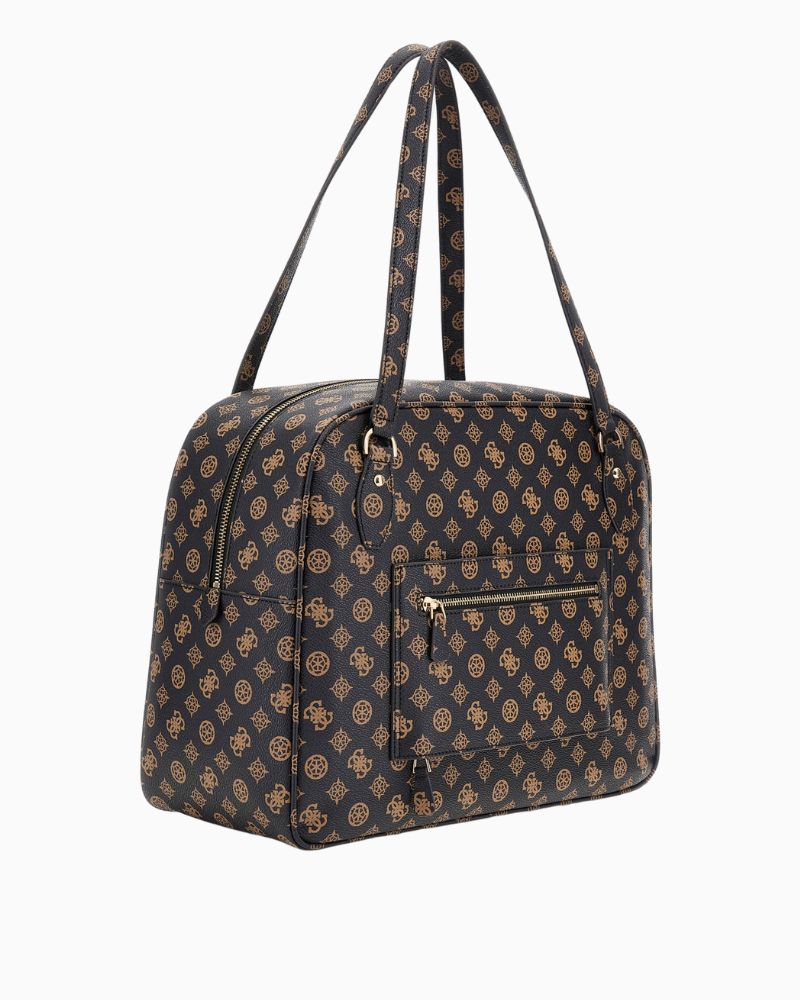Side view of spacious travel tote with twin handles and sturdy shape