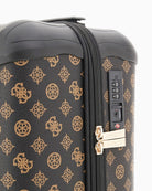 Close-up of triangle Guess logo and 4G printed exterior on brown travel case