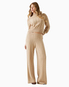 Brown cable-knit wool-blend sweater by GUESS with balloon sleeves and ribbed neckline