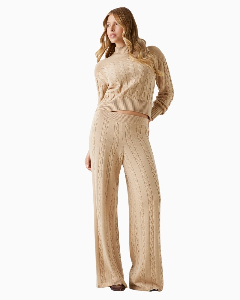 Brown cable-knit wool-blend sweater by GUESS with balloon sleeves and ribbed neckline