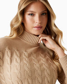 Close-up of mock neck and cable detail on women’s wool-blend sweater