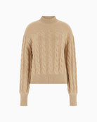 Brown cable-knit wool-blend sweater by GUESS with balloon sleeves and ribbed neckline