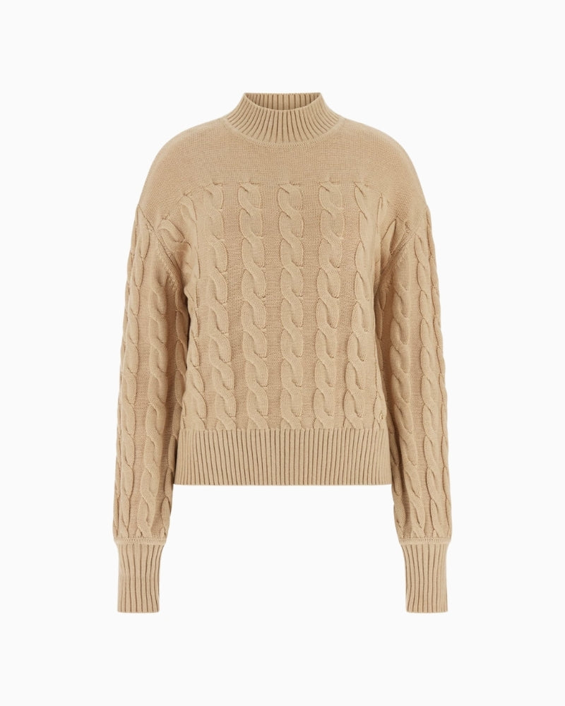 Brown cable-knit wool-blend sweater by GUESS with balloon sleeves and ribbed neckline