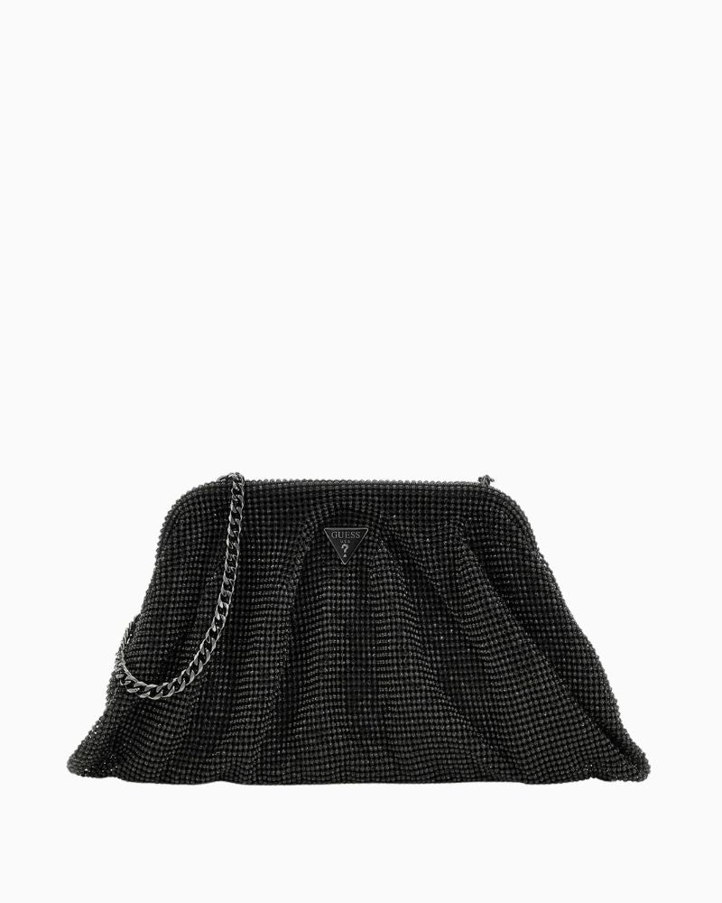 Guess Zalina clutch in black rhinestone mesh with silver zip and triangle logo