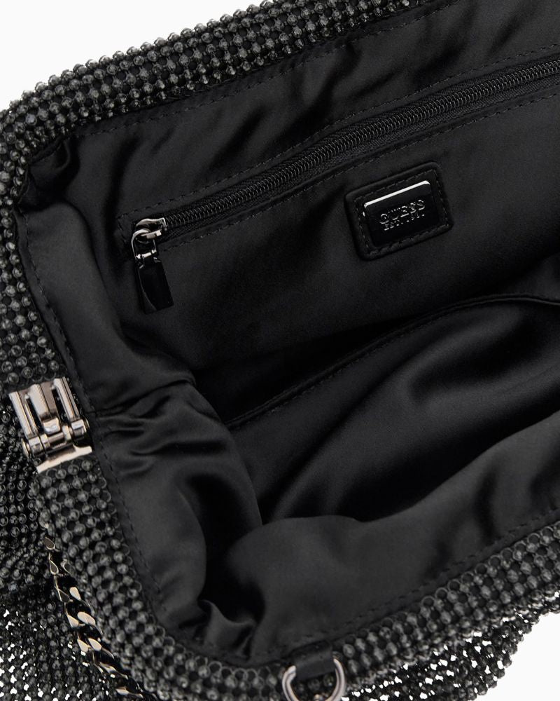 Interior view of Guess clutch with zip pocket and fabric lining