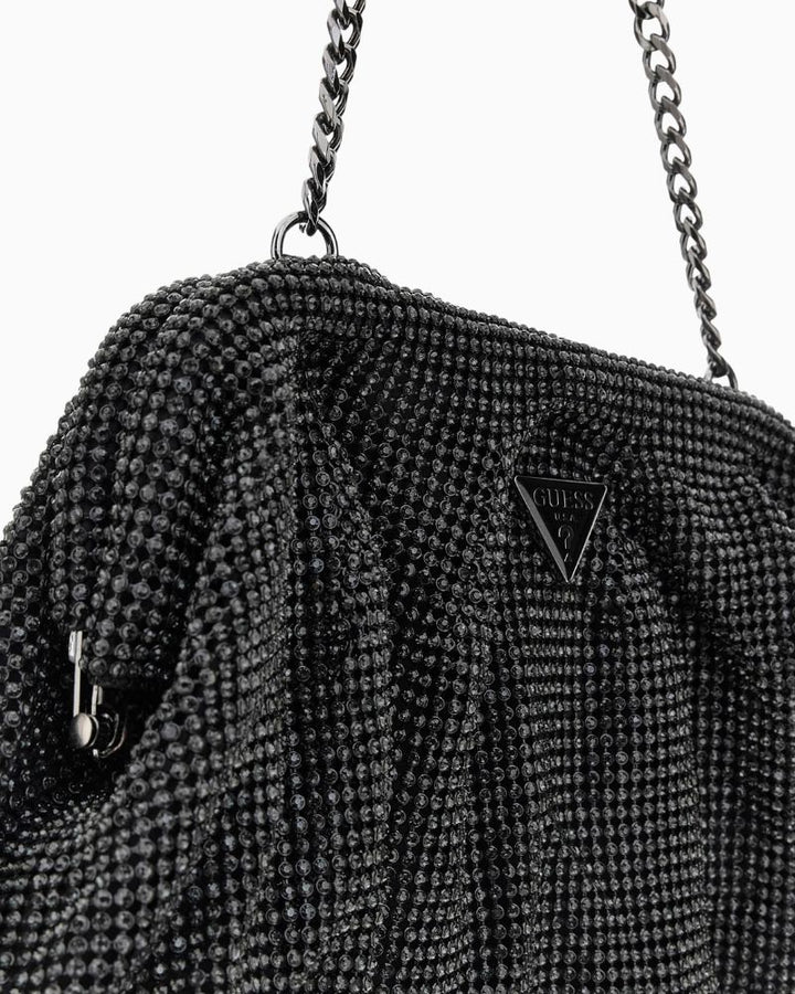 Close-up of rhinestone mesh texture and silver hardware detail