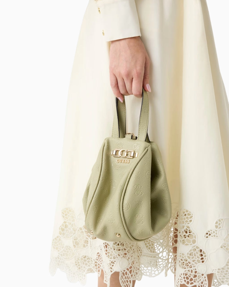 Guess Anise Handbag in sage faux leather side view with top handles and gold logo detail