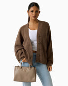 Guess Anise Handbag taupe front view on model