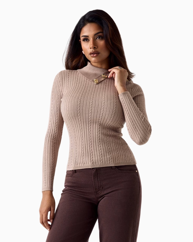 Guess asymmetric neck sweater taupe front view – Áines Boutique