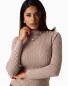 Guess asymmetric neck sweater taupe neckline and jewel button detail – Áines Boutique