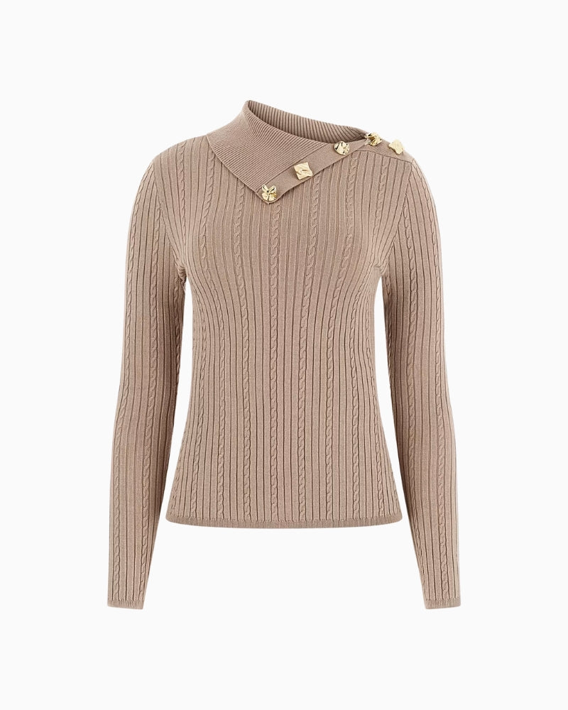 Guess asymmetric neck sweater taupe flat lay – Áines Boutique