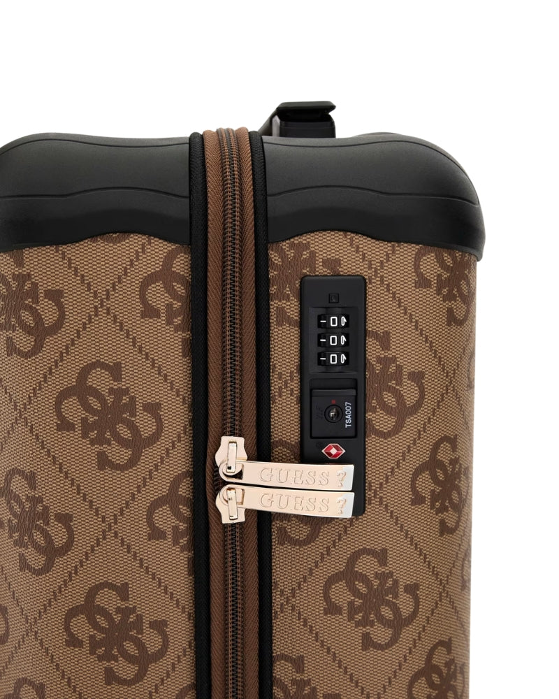 Guess Berta 4G Logo Trolley in latte angled view showing lock