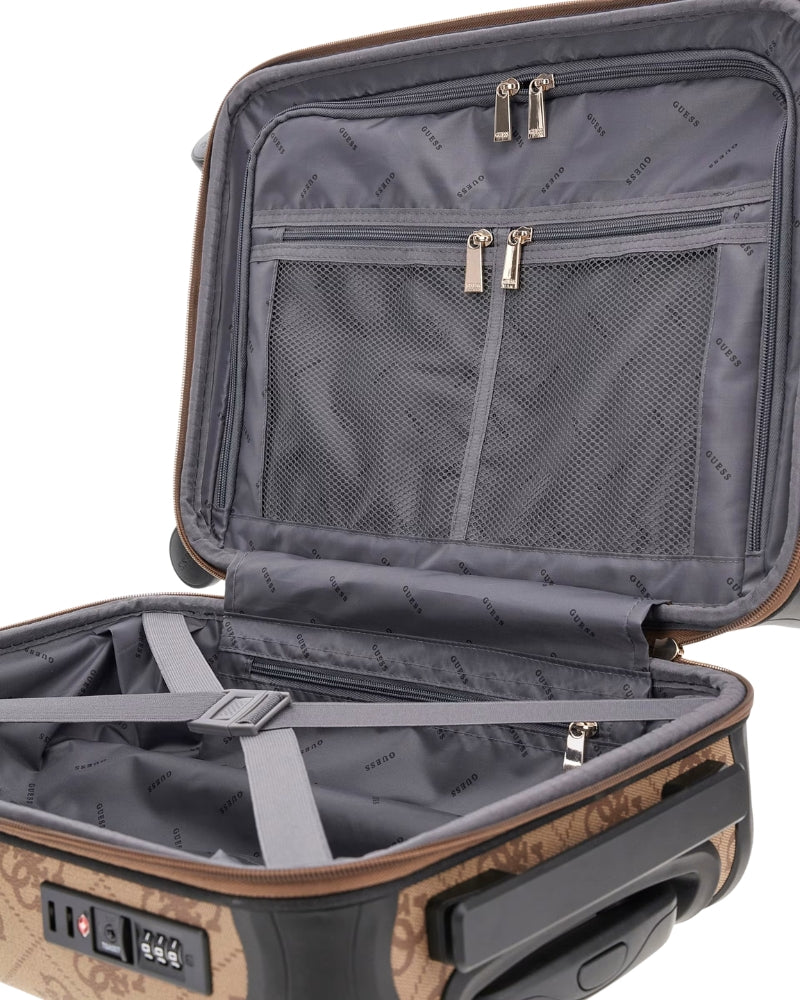 Guess Berta 4G Logo Trolley in latte side view with zip compartments